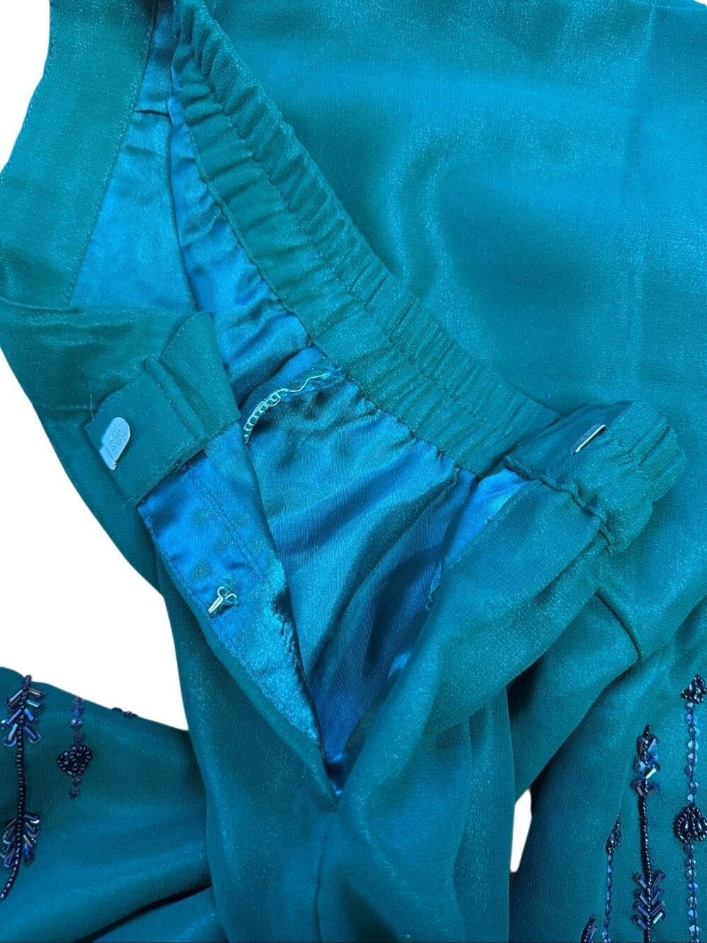 60s Vintage Green Embroidered Flare Tulle Pull on Pants XS - Picture 4 of 7